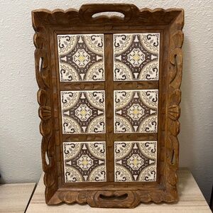 Vintage 1970’s Wooden Ceramic Tile Serving Tray W/ Handles